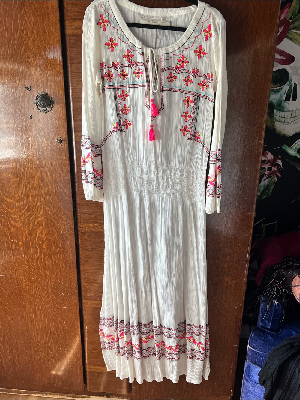 Jen’sPirate Booty Embroidered Long Sleeve Maxi Dress with Pink Accents
